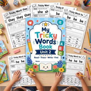 May include: A My Tricky Words Book Unit 2 educational workbook cover featuring a central title, a yellow pencil, colorful alphabet blocks, and a smiling open book illustration, surrounded by multiple worksheets for reading, tracing, and writing.