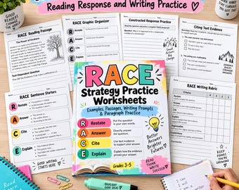 RACE Strategy Worksheets PDF | Reading Response & Text Evidence Practice | Grades 3-5 Writing Activities