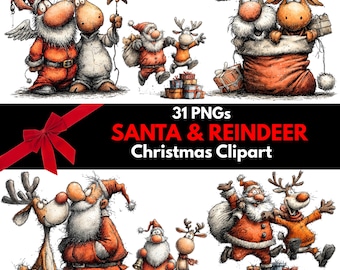 Santa and Reindeer Clipart Set | 31 Festive Xmas PNGs (Digital Download)