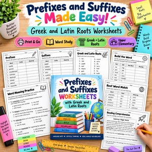 Könnte beinhalten: Eine Sammlung von Arbeitsblättern mit dem Titel Prefixes and Suffixes Made Easy, die griechische und lateinische Wurzeln behandeln. Das Set enthält mehrere gedruckte Seiten, ein zentrales Arbeitsbuch, einen gelben Haftnotizzettel, ein Lineal und einen rosa Textmarker.