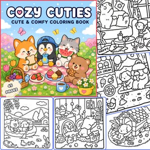 Coco Wyo Cozy Cuties Malbuch für Erwachsene und Kinder, 45 niedliche Entspannungsseiten, sofortiger digitaler Download PDF, lustige Selbstpflege-Aktivität