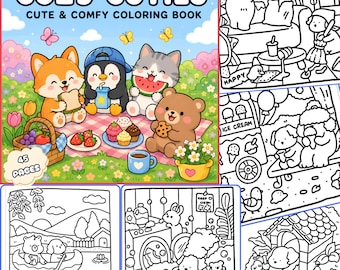 Coco Wyo Cozy Cuties Coloring Book for Adults & Kids, 45 Cute Relaxation Pages, Instant Digital Download PDF, Fun Self-Care Activity