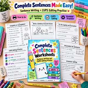 Può includere: Una raccolta di schede didattiche intitolate Complete Sentences Worksheets per esercizi di scrittura e correzione CUPS. I materiali includono attività sulla struttura delle frasi, punteggiatura e grammatica, accompagnate da matite colorate.