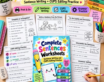 Complete Sentences Worksheets PDF | Sentence Writing & CUPS Editing Practice | Grammar Worksheets for Kids