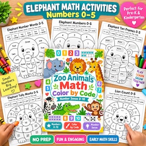 May include: A collection of educational math activity worksheets featuring animal illustrations and color-by-code tasks. The central cover displays the title Zoo Animals Math Color by Code with images of a lion, elephant, giraffe, zebra, and monkey.