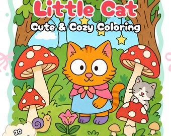 Little Cat Cozy Coloring Book, 20 Page Cute Cat Printable Coloring Pages, Kids Relaxing Activity, Digital Coloring Book