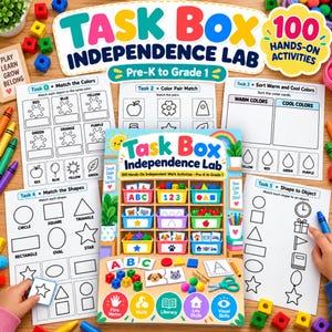 May include: A Task Box Independence Lab educational kit featuring 100 hands-on activities for Pre-K to Grade 1. The set includes five printable worksheets for matching colors, shapes, and sorting, alongside a central activity guide with colorful bins.