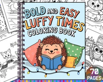 Op de afbeelding: Een spiraalgebonden kleurboek getiteld "BOLD AND EASY LUFFY TIMES COLORING BOOK" met een cartoonegel die een boek leest, omringd door kussens en lichtslingers. De omslag is lichtblauw met de tekst in oranje en geel. De woorden "DIGITAL DOWNLOAD" staan onderaan.