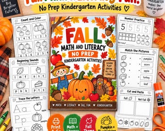 Fall Kindergarten Worksheets PDF | No Prep Math & Literacy Activities | Pumpkin Thanksgiving Printable Pack