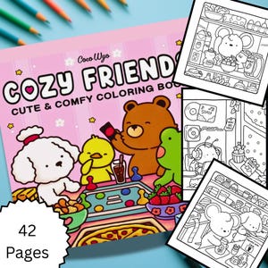 Coco Wyo Cozy Friends Coloring Book for Adults & Kids, 42 Cute Relaxation Pages, Instant Digital Download PDF, Fun Self-Care Activity