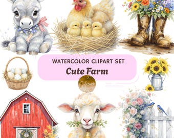 Watercolor Farm Animal Clipart: Hand-Drawn PNGs (Digital Download)
