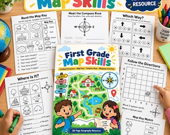 1st Grade Map Skills Worksheets | Geography Activities | Cardinal Directions Compass Rose Map Key Printable