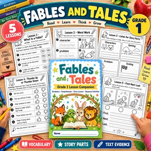 Pode incluir: Um caderno educativo de primeiro ano intitulado Fables and Tales, incluindo cinco lições e fichas de exercícios. O folheto central mostra uma raposa, uma tartaruga, um coelho e um leão lendo um livro. As páginas incluem exercícios sobre personagens.