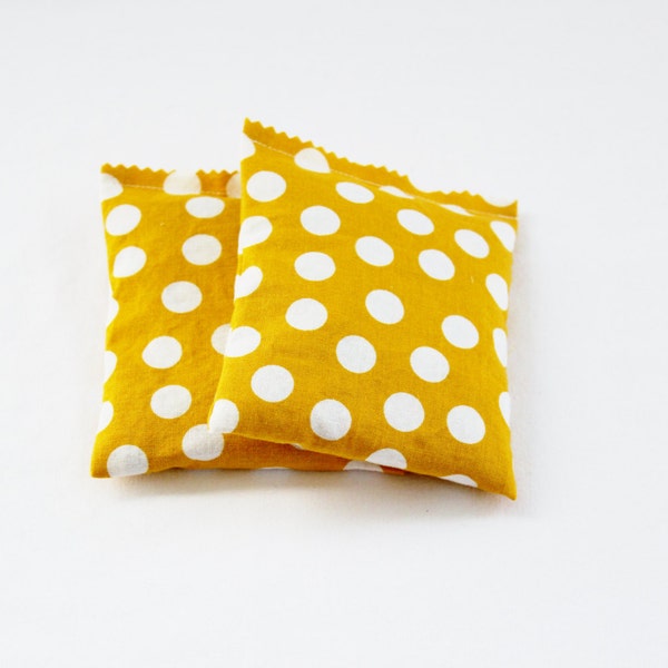 Mustard Yellow Botanical Sachets, White Polka Dots, Scented Bags with Real Dried Flowers