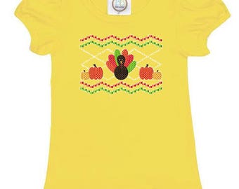 Turkey Pumpkin, Faux Smocking, Thanksgiving, Fall, Girls Ruffle Tshirt, Cotton Shirt, Harvest, Smocked