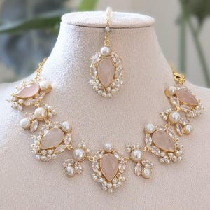 Blush Pink Rose Quartz Stone, with Swarovski and Lustrous Pearls - Necklace, Earrings & Tikka Ethnic Indian Jewellery Set - Item Code: 65