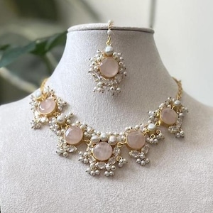 Blush Pink Rose Quartz Stones with Freshwater Pearls and Swarovski - Necklace, Earrings & Tikka Ethnic Indian Jewellery Set - Item: 23