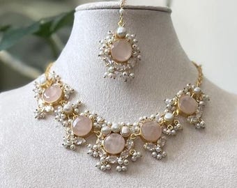 Blush Pink Rose Quartz Stones with Freshwater Pearls and Swarovski - Necklace, Earrings & Tikka Ethnic Indian Jewellery Set - Item: 23