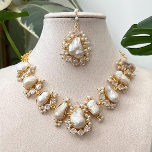 Mother of Pearl Set - Freshwater Pearls with Swarovski - Necklace, Earrings & Tikka Ethnic Indian Jewellery Set - Item Code:B