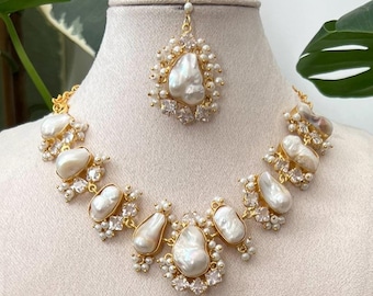 Mother of Pearl Set - Freshwater Pearls with Swarovski - Necklace, Earrings & Tikka Ethnic Indian Jewellery Set - Item Code:B