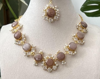 Precious Peach Moonstone with Swarovski and Mini Pearls - Necklace, Earrings & Tikka Ethnic Indian Jewellery Set - Item Code: C
