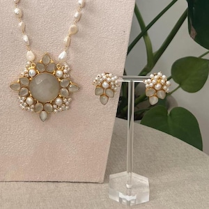 Floral Moonstone with Freshwater Pearls Mala Necklace Set - Necklace & Earrings Ethnic Indian Jewellery Set - Item Code: 16