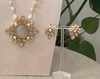 Floral Moonstone with Freshwater Pearls Mala Necklace Set - Necklace & Earrings Ethnic Indian Jewellery Set - Item Code: 16