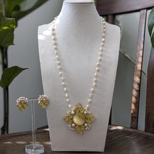 Geometric Yellow Citrine Stone with Freshwater Pearls Mala Necklace Set - Necklace & Earrings Ethnic Indian Jewellery Set - Item Code 17A