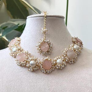 Rose Sugar Druzy Stones with Freshwater Pearls - Necklace, Earrings & Tikka Ethnic Indian Jewellery Set - Item Code: 19
