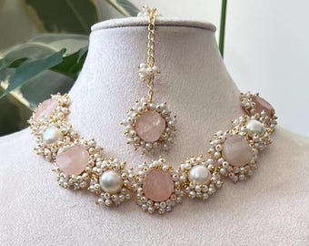 Rose Sugar Druzy Stones with Freshwater Pearls - Necklace, Earrings & Tikka Ethnic Indian Jewellery Set - Item Code: 19