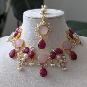 Ornate Ruby and Rose Quartz Set with Pearls and Swarovski