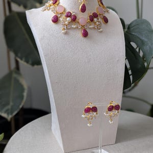 Ornate Ruby and Rose Quartz Set with Pearls and Swarovski