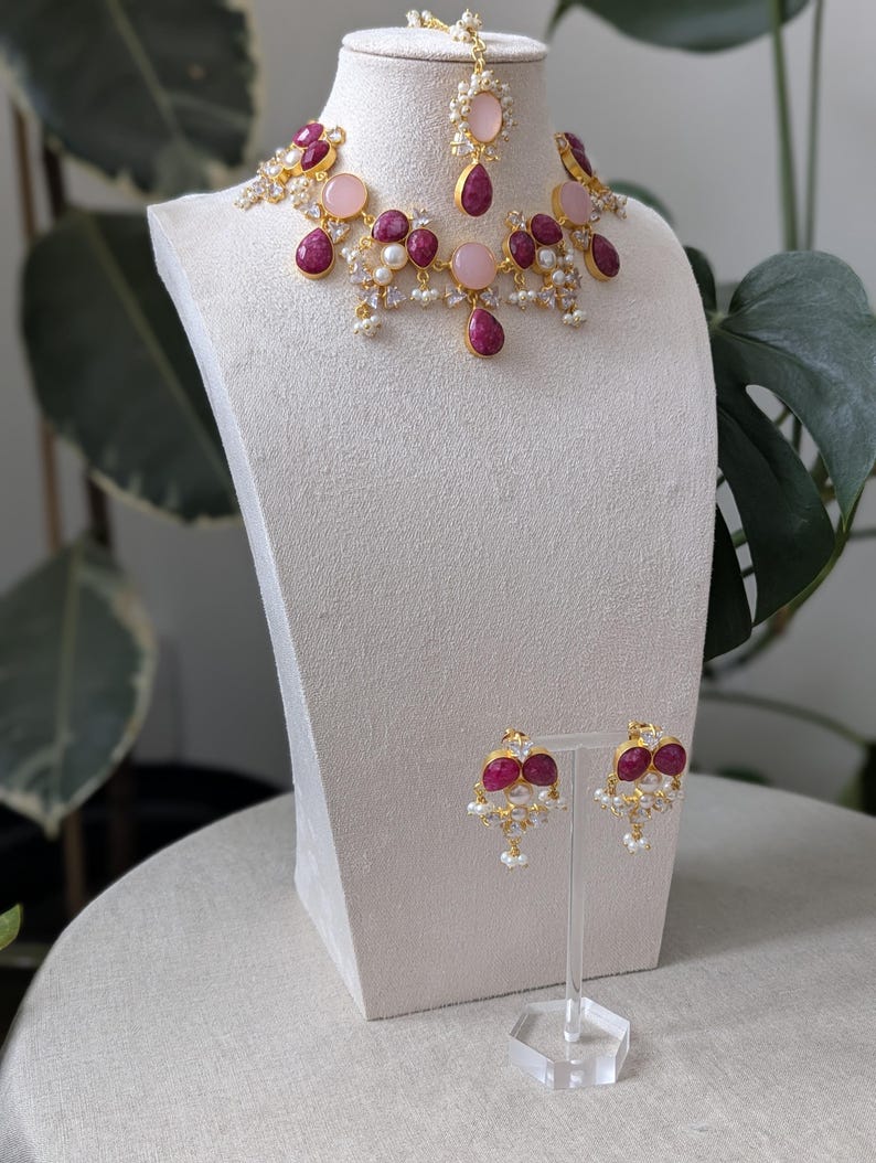 Ornate Ruby and Rose Quartz Set with Pearls and Swarovski