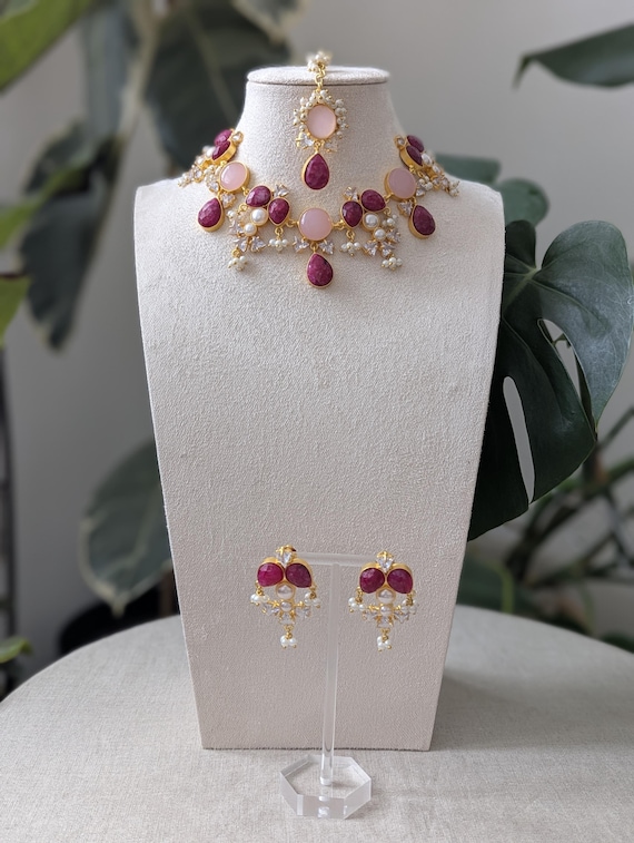 Ornate Ruby and Rose Quartz Set with Pearls and Swarovski - Necklace, Earrings & Tikka Ethnic Indian Jewellery Set - Item 71