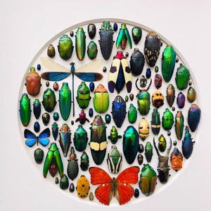 Könnte beinhalten: Eine kreisförmige Vitrine mit einer Sammlung präparierter Insekten, darunter verschiedene schillernde Käfer, eine blaue Libelle, ein leuchtend blauer Schmetterling und ein großer orangefarbener Schmetterling, ordentlich in einem weißen Rahmen.