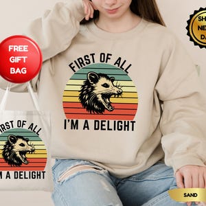 First Of All I&#39;m A Delight Sarcastic Angry Opossum Lover Sweatshirt, Sarcasm Sweatshirt, Cute Sarcastic, Sarcastic Self Love Sweatshirt