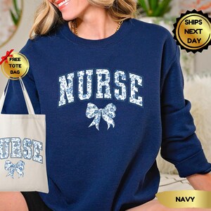 Toile De Jouy Nurse Bow Sweatshirt, Nurse Ribbon Hoodie, Floral Nurse Hoodie, Coquette Nurse Shirt, Registered Nurse Shirt, Gift For Nurse