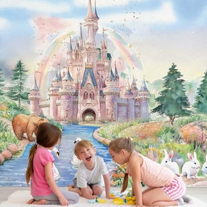 Removable Pink Princesses Castle Wallpaper for Girls Room Wall Décor by Elegant Walls Fairy Tale Garden Wall Sticker For Nursery Room Decor