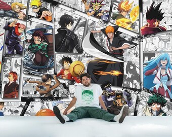 One Piece Tapisserie Anime 150x130 Cm – Tenture Murale Personnages Caricature Fond Bleu, Déco Chambre Fan