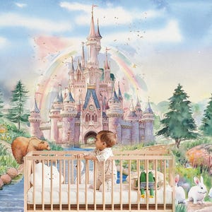 Removable Pink Princess Castle Wallpaper for Girls Room Wall Décor by Elegant Walls Fairy Tale Garden Wall Sticker For Kids Room Decal