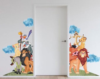 May include: A wall decal featuring characters from the Lion King movie. The decal includes Simba, Nala, Pumbaa, Timon, and Mufasa. The characters are depicted in a cartoon style and are colorful.