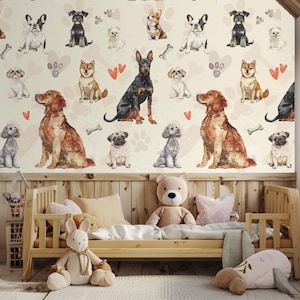 Carta da parati con razze di cani, adesivo da parete con Golden Retriever, Bulldog, Yorkshire Terrier, decorazione da parete per amanti degli animali, per la stanza dei cani.