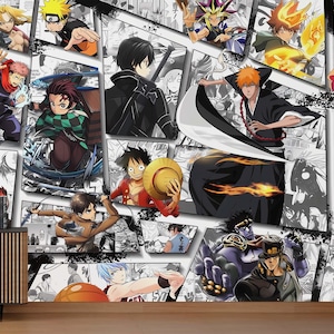 Carta da parati anime giapponese, adesivo da parete manga, collage da parete anime giapponese, murale di fumetti giapponesi, One Piece, decorazione da parete per la stanza dei bambini, sala giochi
