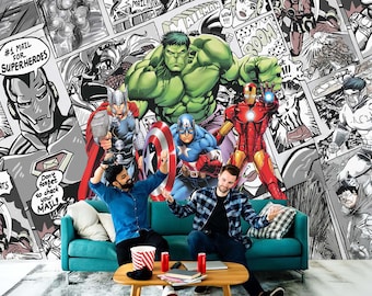 Sticker mural The Avengers Sticker mural super-héros Iron Man Papier peint Thor Papier peint Captain America Art mural pour chambre de garçon, décoration de chambre d'enfant