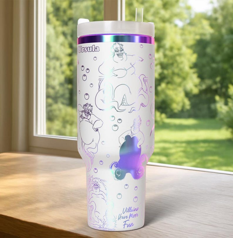 40oz Tumbler with Ursula, Inspired by The Little Mermaid, Villain Characters Cup, Ursula Cartoon Engraved Tumbler, Magic Kingdom Tumbler zdjęcie 6