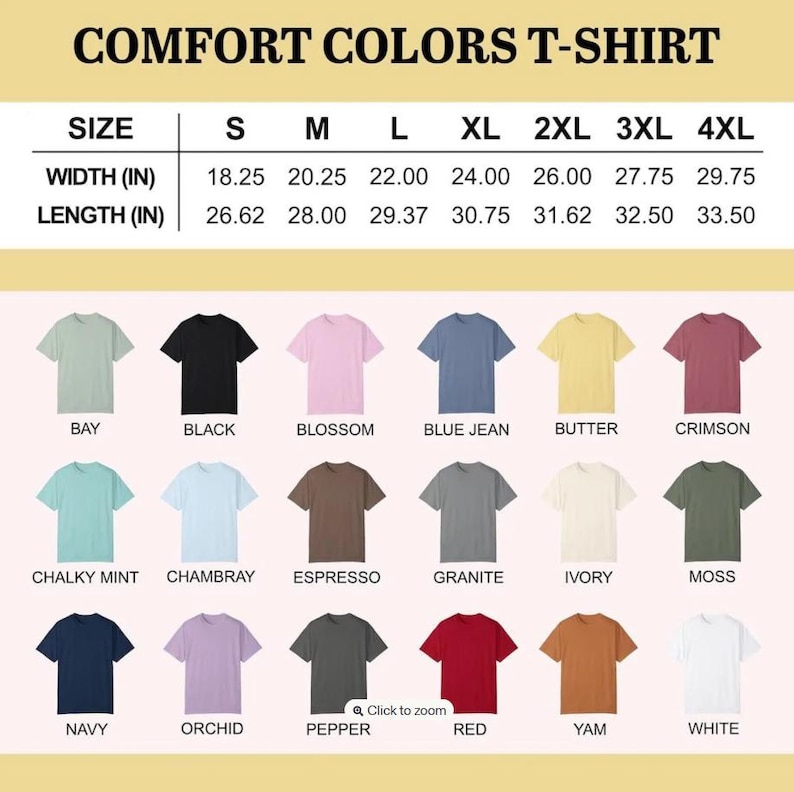 Puede incluir: Una tabla de colores de camisetas Comfort Colors que muestra dieciocho tonos disponibles, incluyendo bay, black, blossom, blue jean, butter, crimson, chalky mint, chambray, espresso, granite, ivory, moss, navy, orchid, pepper, red, yam y white.