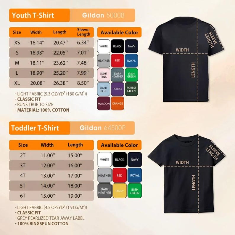 May include: A size chart for Gildan youth and toddler t-shirts. The chart shows the size, width, length, and sleeve length in inches. The available colors are white, black, navy, heather, red, royal, light pink, dark heather, Irish green, light blue, purple, forest green, maroon, and orange.