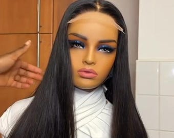 Peluca lisa de cabello humano virgen natural SDD de 22 pulgadas con cierre de encaje coreano HD 5x5. Peluca sin pegamento, peluca lisa negra de doble densidad.