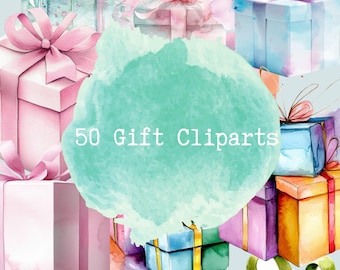 50 Gift Clipart Set: Watercolor & Realistic Designs (Digital Download)