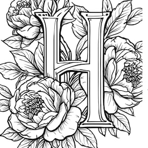 以下が含まれることがあります： 白黒のイラストで、牡丹と葉で囲まれた文字「H」を描いています。 詳細な花のデザインは、クラフトプロジェクトや装飾に適しています。